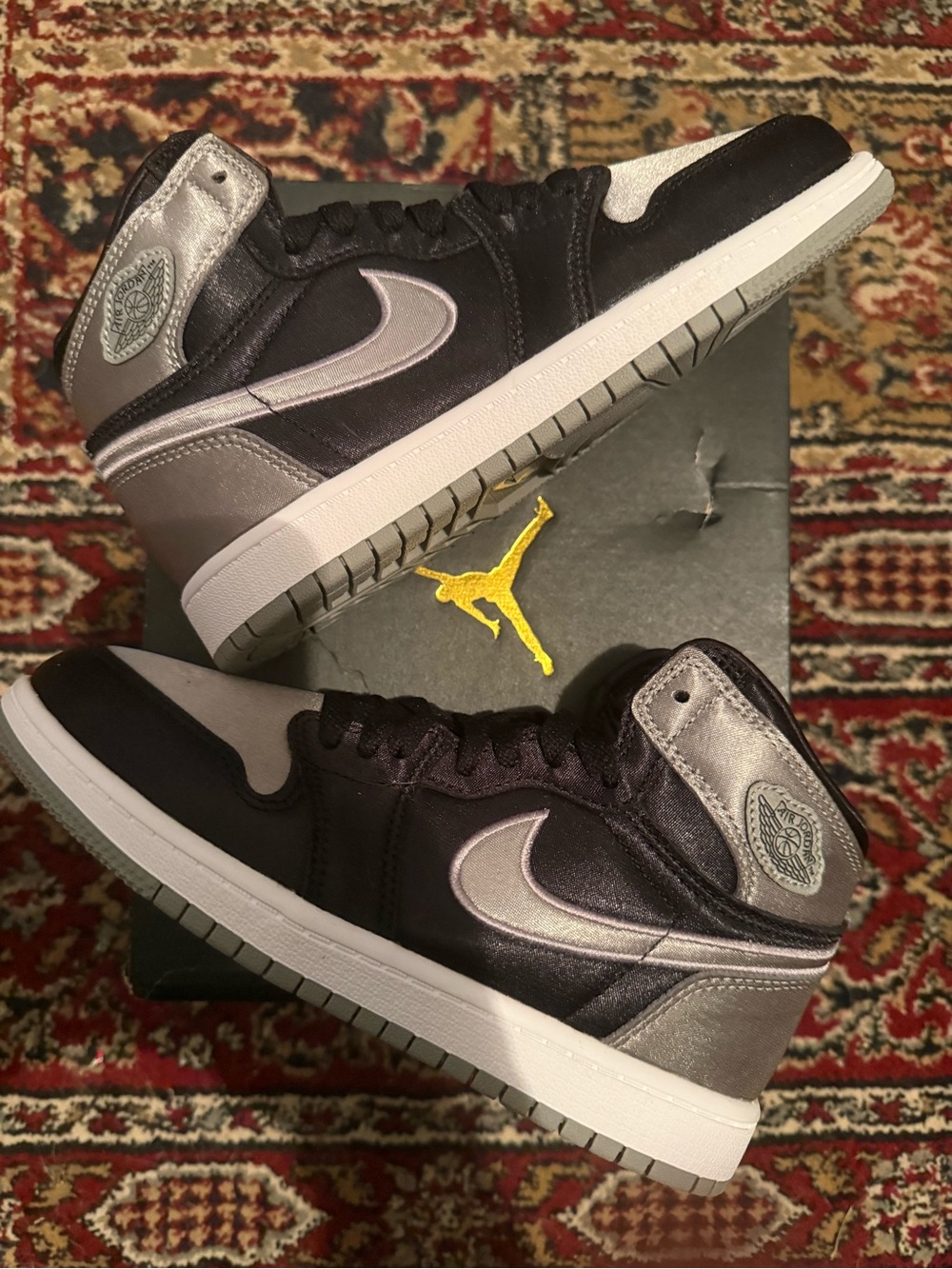 Jordan 1 Retro High OG Satin Shadow Kids Black and Silver Mid-Top Sneakers